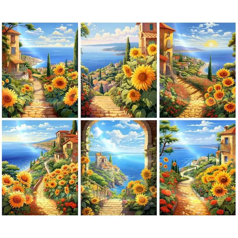 

CHENISTORY 5d Diy Diamond Painting Sunflower Path Art Kits Diamond Embroidery Full Square Mosaic Seaside Houses Home Decor