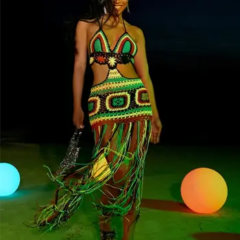 Stroj kąpielowy damski z dekoltu i głębokim osłona na szyję w V szydełkowy binarny kostium kąpielowy Bikini z frędzlami sukienka dzianinowa stroje kąpielowe bez pleców