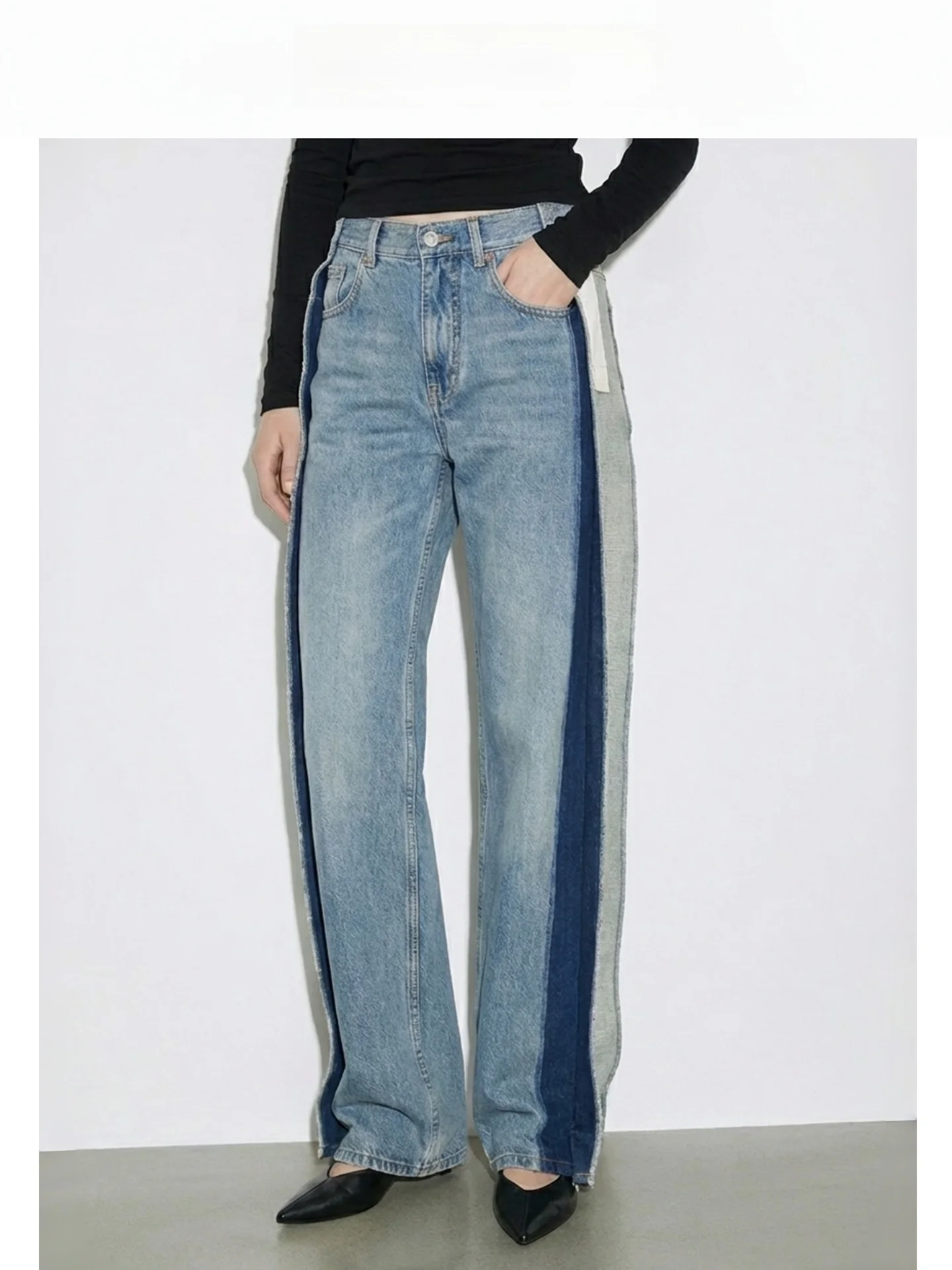 

High Waist Wide Leg Denim Jeans Women's Retro Patchwork Color Blo Loose Fit Straight Blade Pants Spring Early Cotton Soft