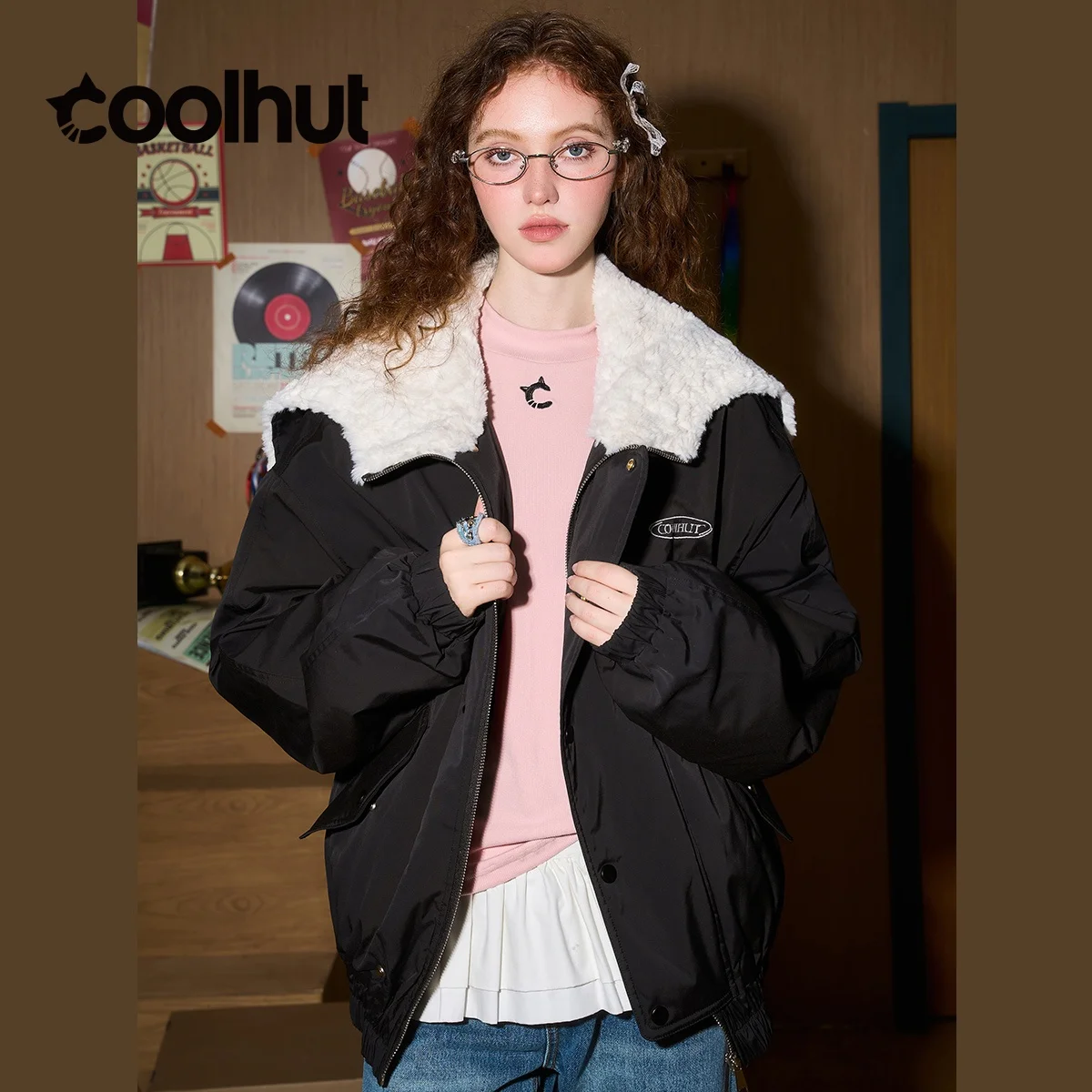

COOLHUT Women's ColorBlock PU Puffer Jacket Winter Coat Vintage American Style Short Faux Fur Collar Loose Fit Fashion Outerwear