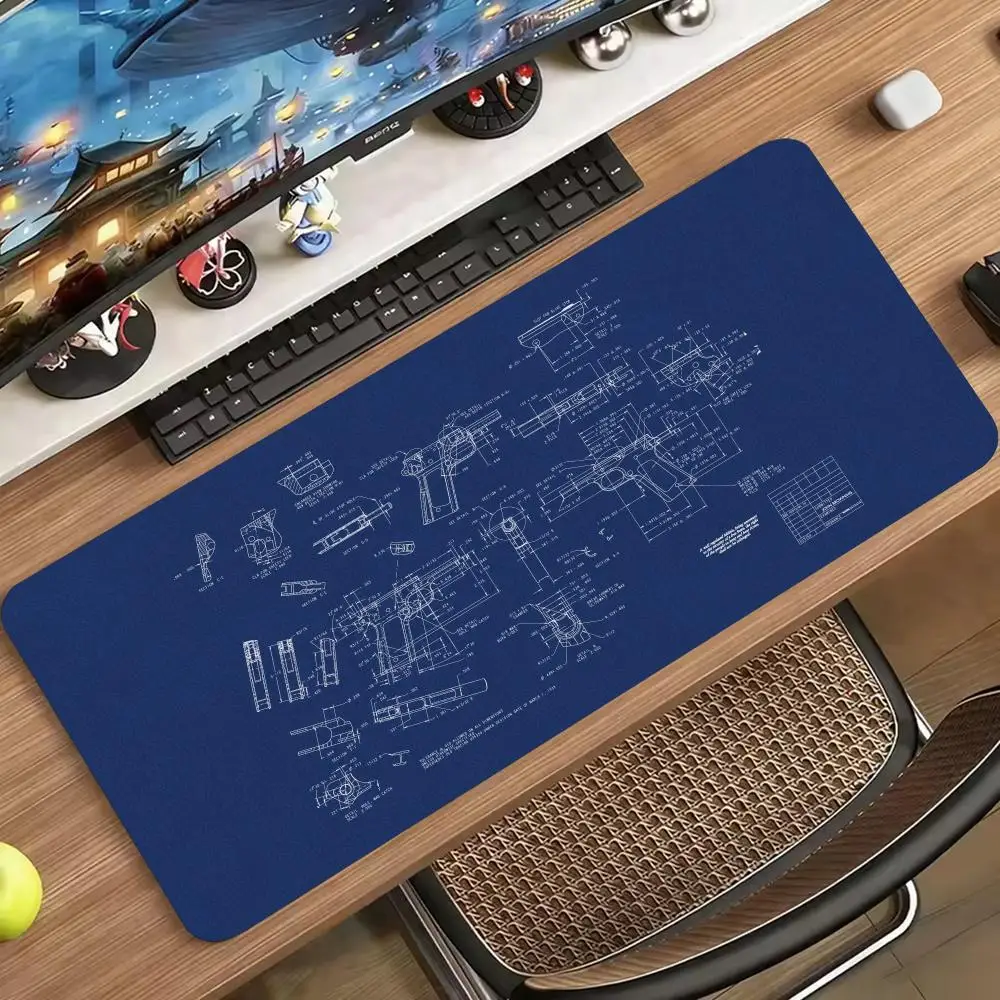 Blueprint Mechanical Sketch Large Mouse Pad Non-Slip Rubber Stitched Edges Print Desk Mat Gaming Setup Office Workspace