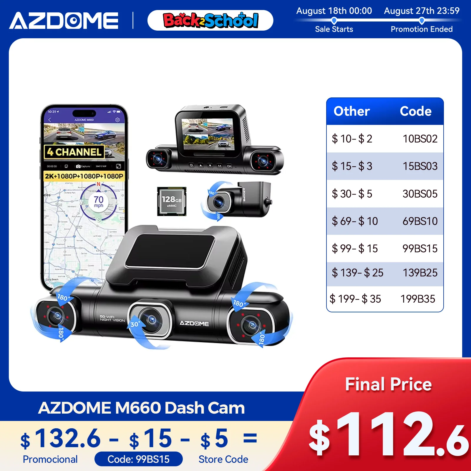 AZDOME M660 DVR per auto 4 canali 360 °   Dash Cam anteriore posteriore interna 128G EMMC WIFI GPS Dash Camera per auto Modalità parcheggio 2.5K + 1K + 1K + 1K