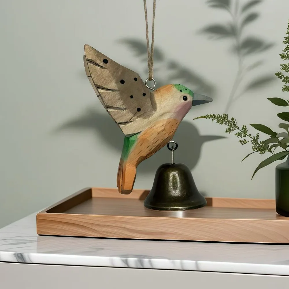 Hand-Carved Hummingbird Figurine Wooden Wood Grain Flying Bird Sculpture with Soothing Sound with Bell Wind Chime Pendant