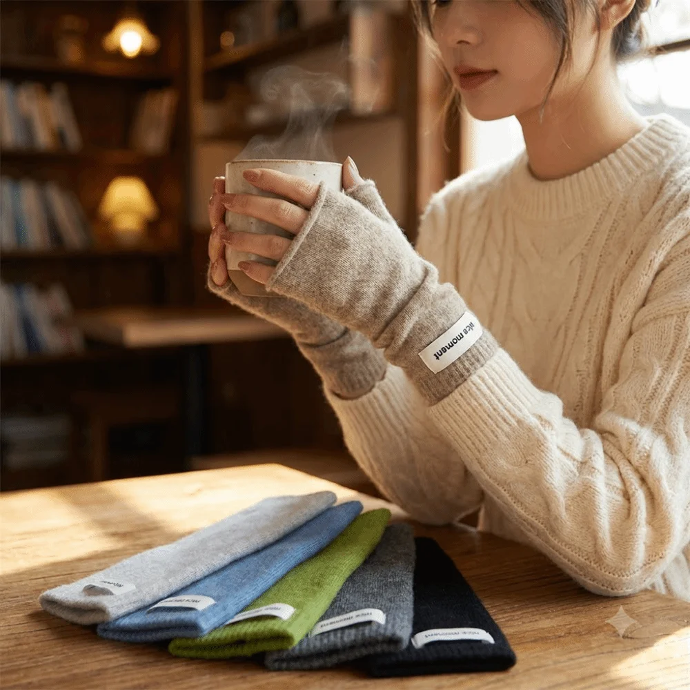 Thick Warm Fingerless Knitted Gloves Soft Stretch Faux Cashmere Arm Warmers Acrylic Fiber Solid Color Hand Covers Outdoor Wear