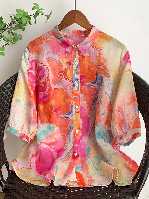 Loose Floral Print Women's Shirt Summer New Style Artistic Casual Cotton Blend Short Sleeve Top for Daily Wear