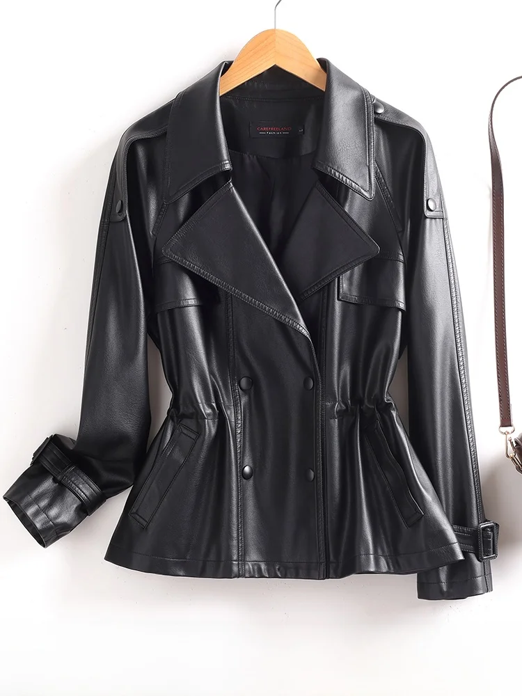 Real Leather Jacket Women's Mid-Length Slimming 2025 New Spring Autumn Korean Version Elegantly Waist-Cinching Sheepskin Haening