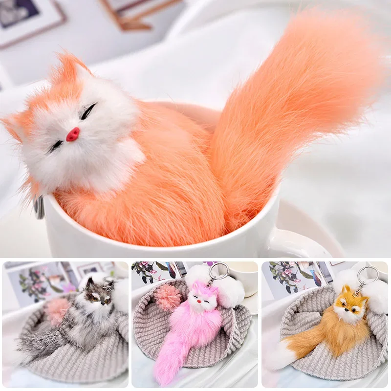 Cute Fluffy Animal Key Chains Faux Fur Fox Keychain Cartoon Plush Pomom Pendant for Car Bag Key Ring Holder Women Charm Jewelry