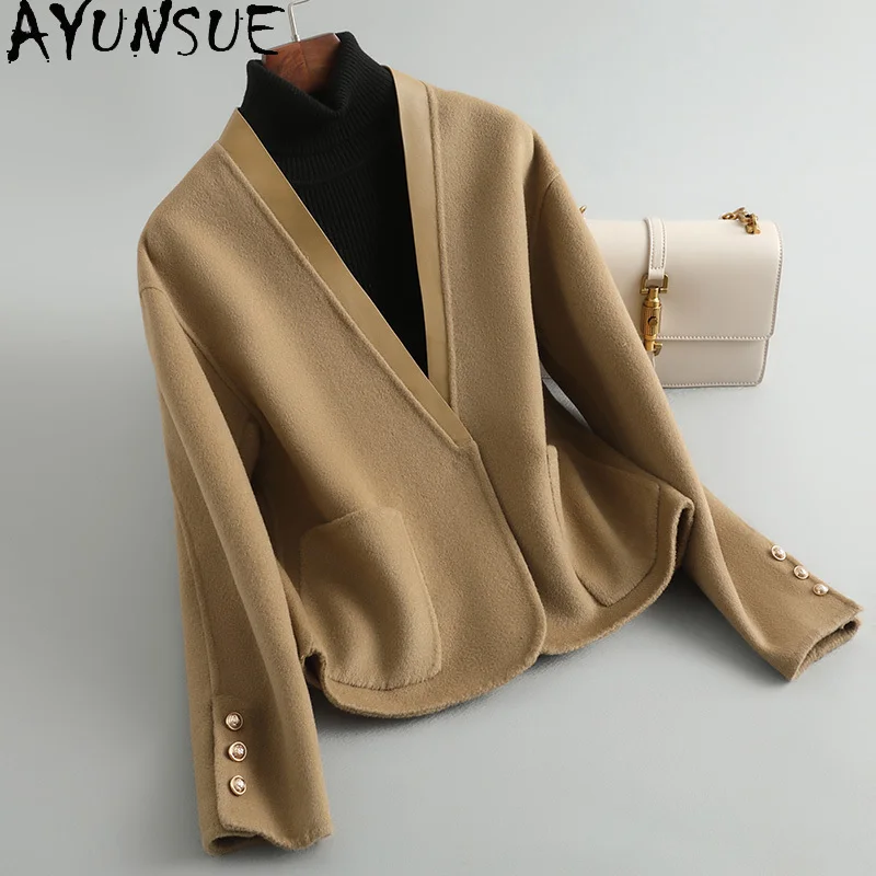 

AYUNSUE пальто из 100% натуральной шерсти, женские двусторонние шерстяные пальто, элегантные женские куртки, весенне-осенняя одежда с v-образным вырезом Пальто Женское