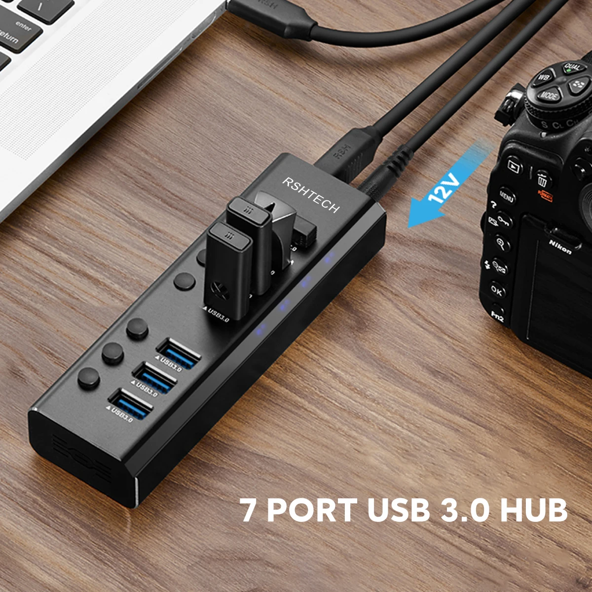 Imagem -03 - Rshtech Hub Usb 3.0 de Portas 24w com Interruptores de Alimentação Individuais Inclui Adaptador de Alimentação 12v 2a Divisor de Hub Usb de Gbps para Macbook