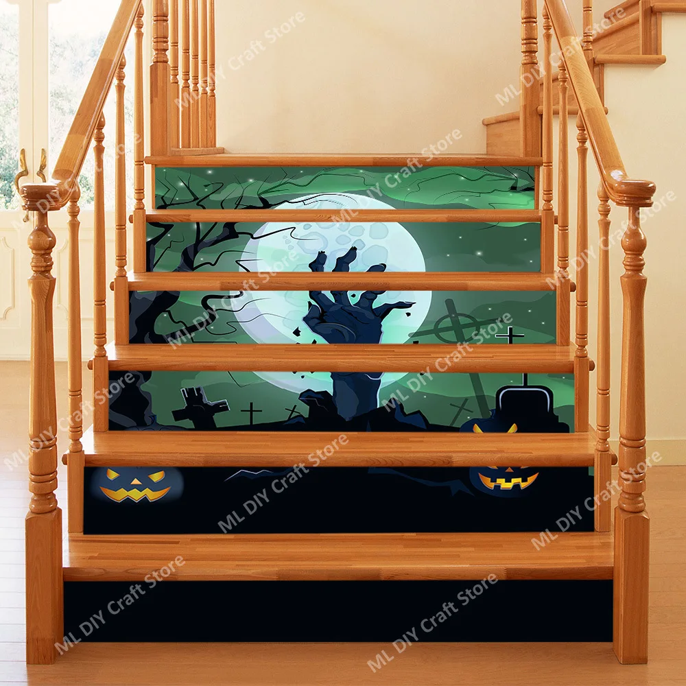 Halloween Pumpkin Moon Tomb Ghost Hand Pattern Wall Stickers Self Adhesive Staircase Decoration Staircase Stickers Trap