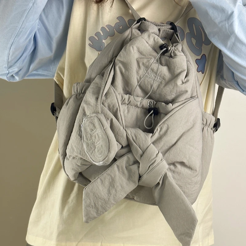 Women Shoulder Bag Large Capacity Bow Drawstring Backpack Simple Shoulder Bag Solid Color Drawstring Backpack Shopping Bag