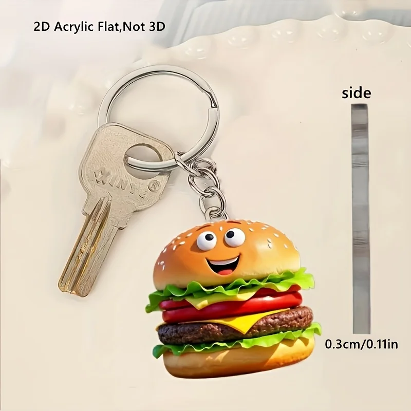 A 2D flat, creatively shaped acrylic burger keychain, perfect for decorating accessories, bags, and keys—it makes a great gift.