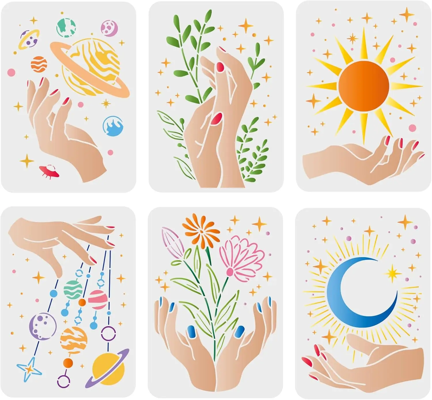 6 Pcs Hand Pattern Stencils 11.7x8.3 inch Sun Moon Star Stencils Plastic Plants Flowers Stencil Reusable Cosmic Planet