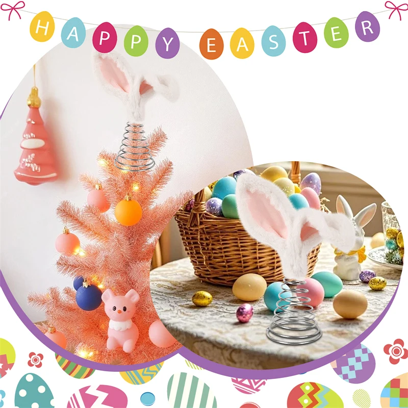 1PCS Plush Bunny Ears Tree Topper With Metal Spiral Base Cute Spring Easter Trees Easter Holiday Home Decoration Party Supplies