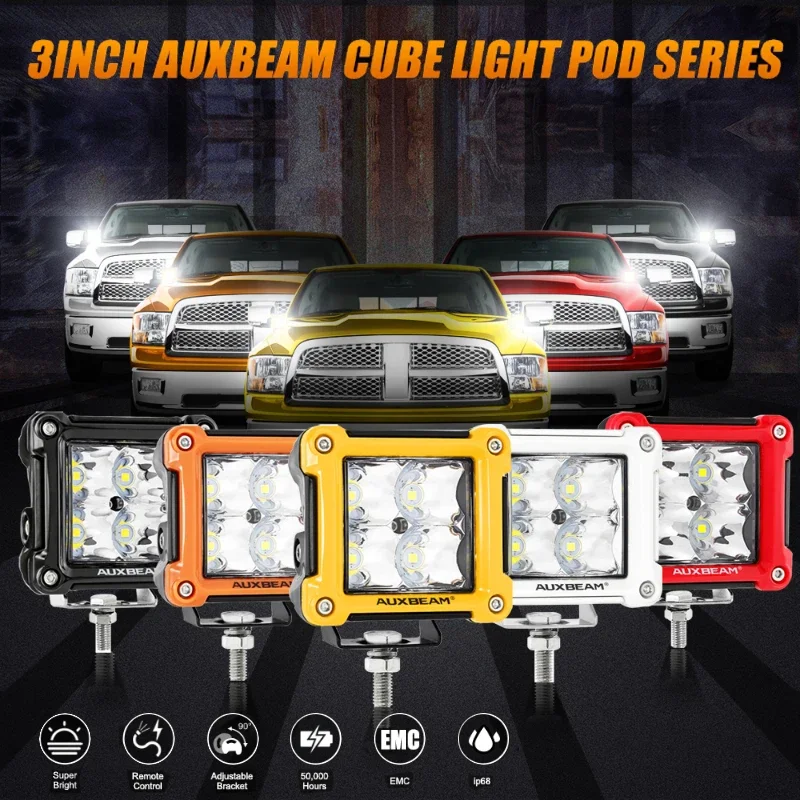 AUXBEAM 3 Inch Cube LED Work Light IP67 Waterproof Spot Light with Harness for Truck Pickup Offroad