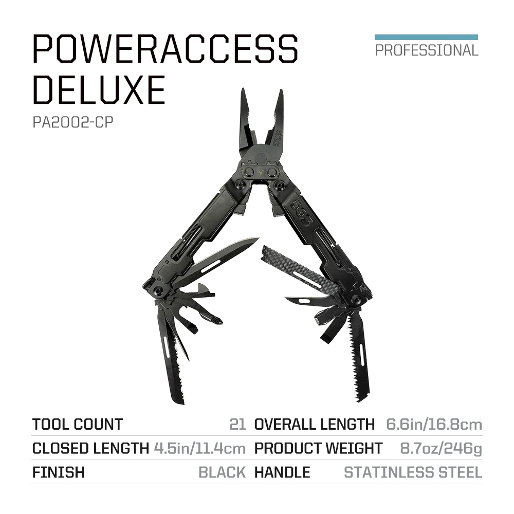 Power Access Herramienta plegable de acero inoxidable negro multifuncional compacta de lujo con cuchillo para EDC al aire libre (PA2002-CP)