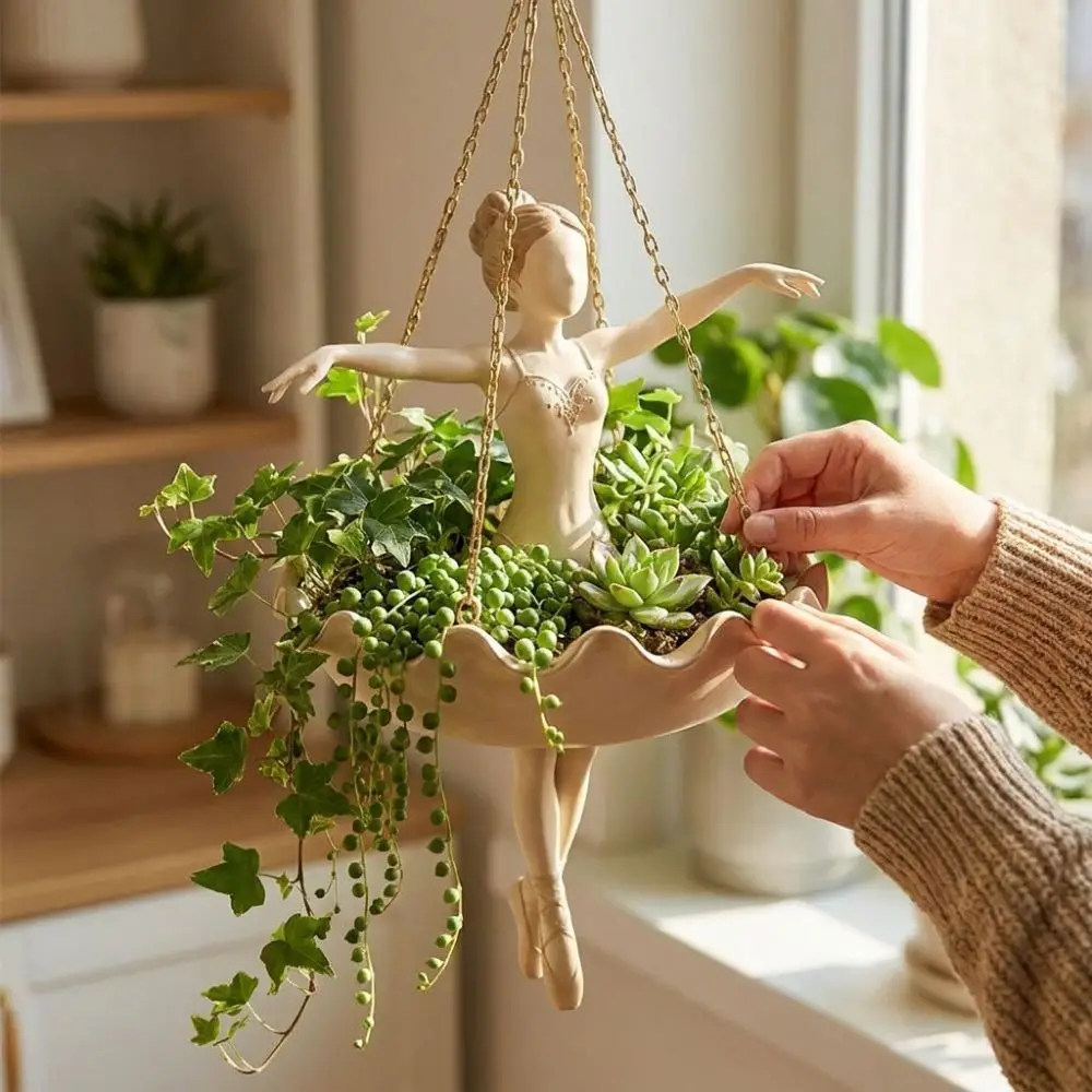 Resin Ballet Dancer Hanging Planter Elegant Ballerina Figure Hand Carved Fairy Flower Pot Vintage UV Resistant