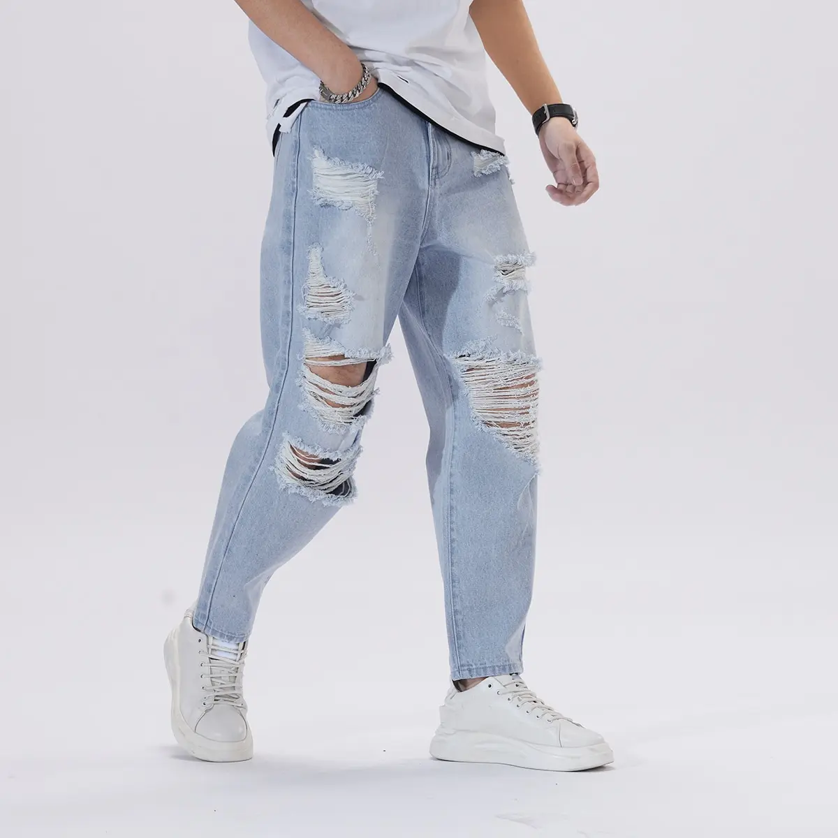 Men Light Blue Heavily Ripped Distressed Jeans Vintage Washed Loose Wide Leg Denim Pants Streetwear Destroyed Trousers