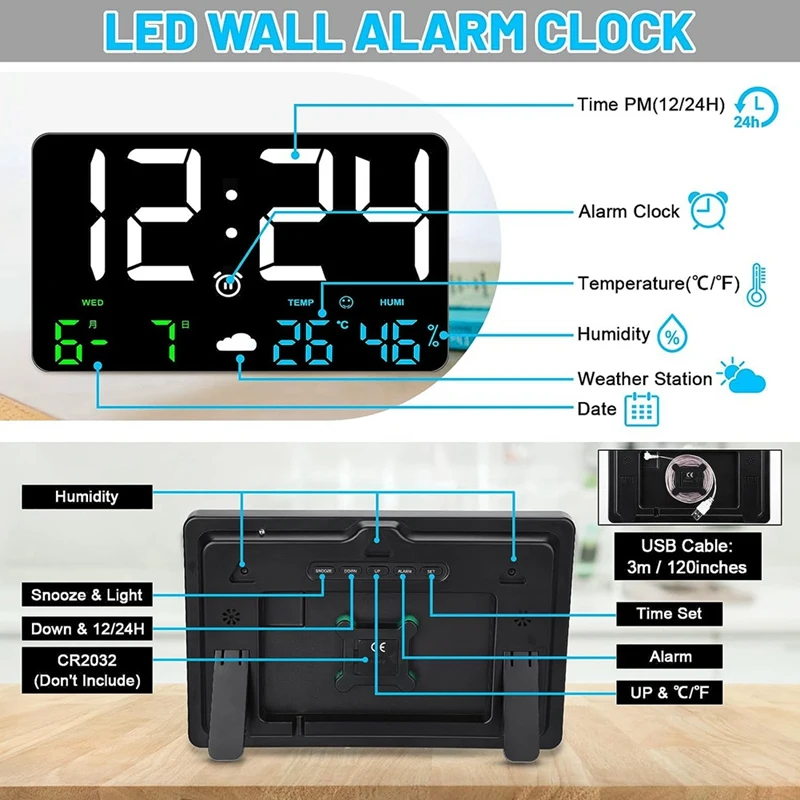 Orologio da parete digitale a LED con ampio Display, sveglie per camere da letto con stazione meteorologica, USB, 11.5\