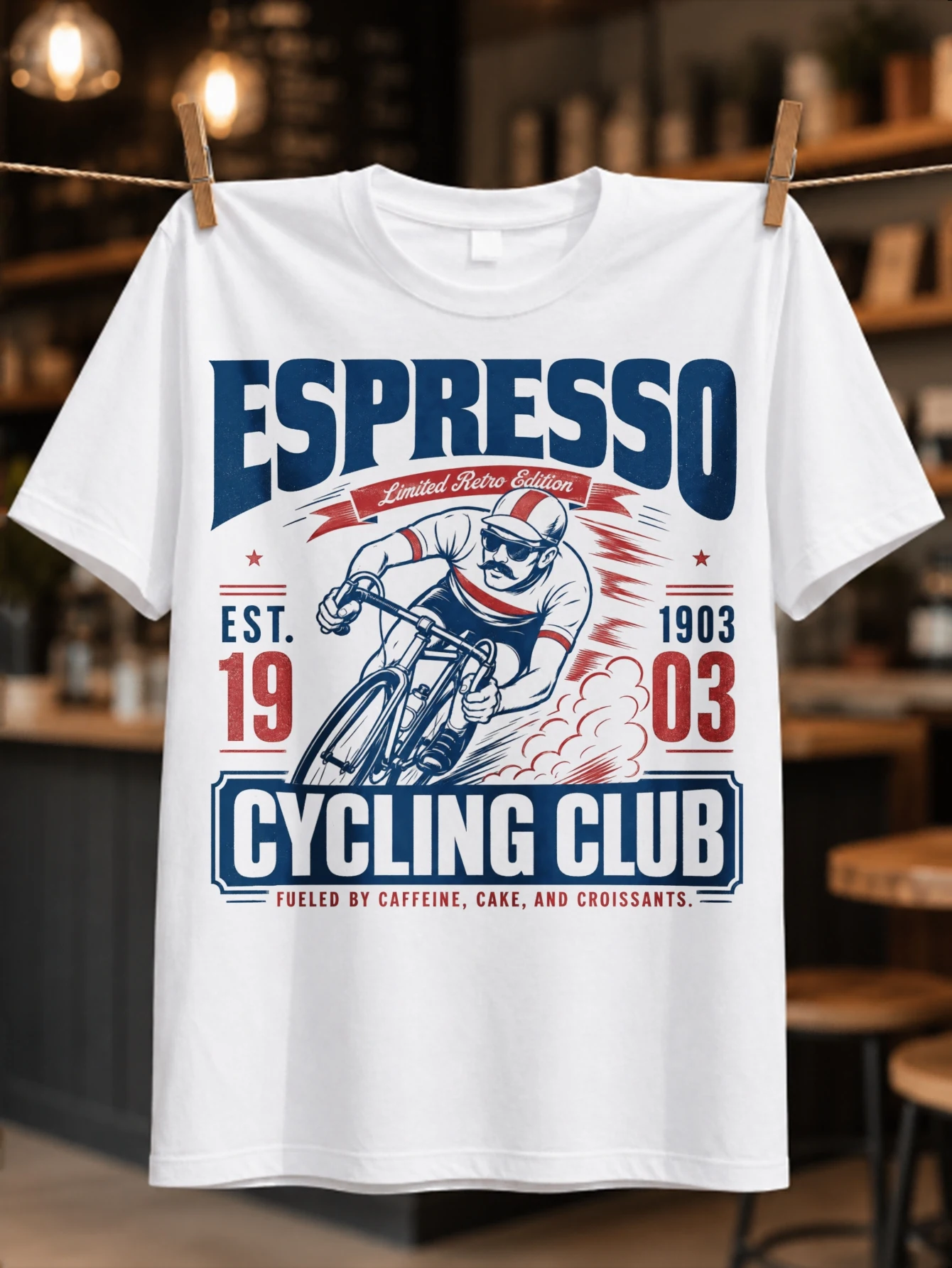 Espresso Cycling Club Est 1903 vintage racing cyclist holding coffee in navy red heritage styling  Unisex All T-Shirt