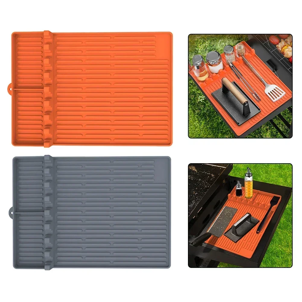 

3-in-1 BBQ Tool Mat Silicone Protective Pad Anti-dust Cleaning Pad BBQ Plate Potholder Oven Oil Box Outdoor BBQ Accessories