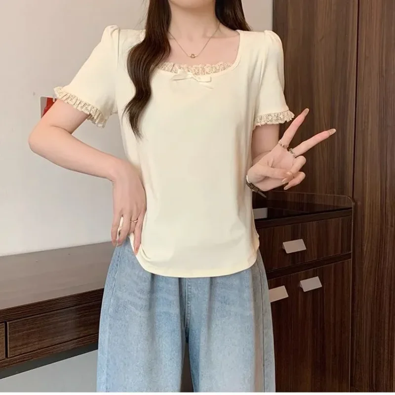 Large Size Fat Mm French Bow Right Shoulder Lace Short-sleeved T-shirt Women's Square Collar Popular Beautiful Shirt Top Trendy