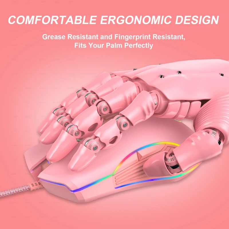 Mouse óptico com fio USB trançado com luz RGB tipo 3200DPI para computador