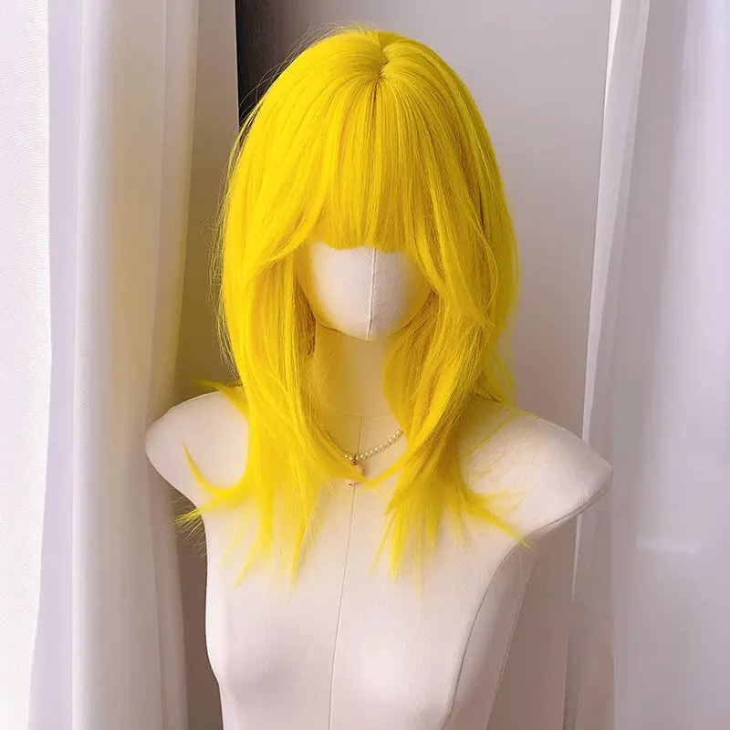 Yellow wig female Qi bangs level medium and long hair fashion trend cosplay style simulation hair whole top full head