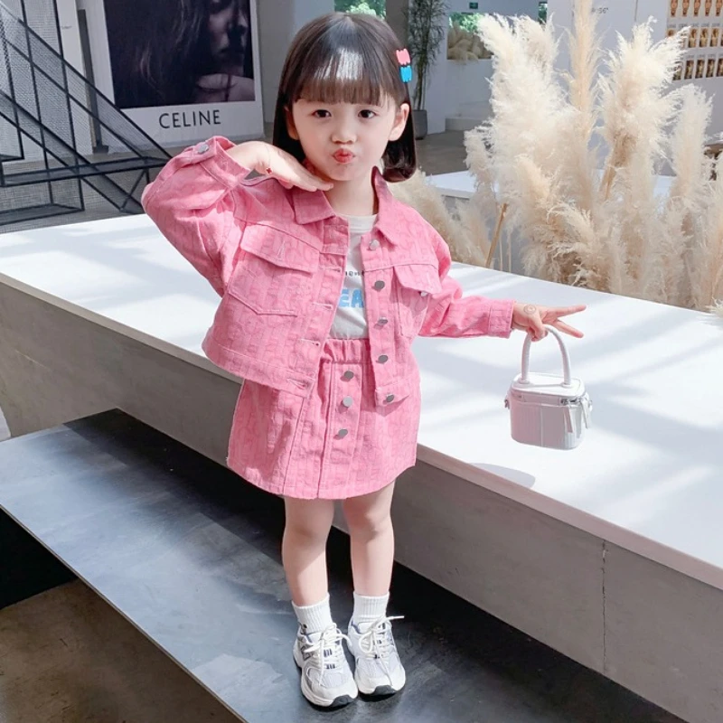 Girl Two Piece Set 2024 Autumn New Fashion Pink Cowboy Loose Coat Skirt Casual Simple Sweet Korean Active Vintage