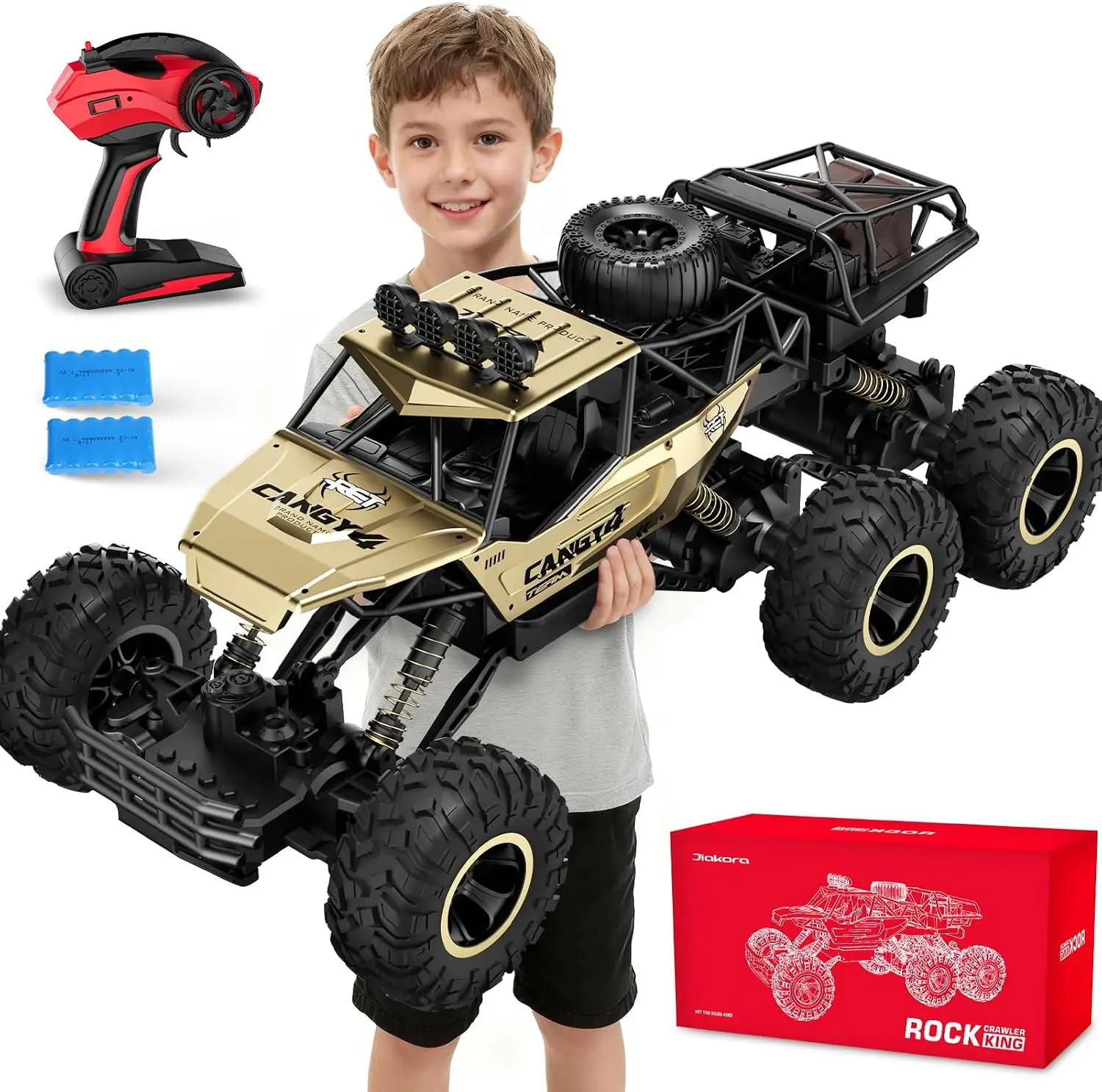 Jiakora Remote Control Monster Truck, RC Cars Rock Crawler RC Truck with 2 Rechargeable Batteries, Metal Exterior & LED Lights,