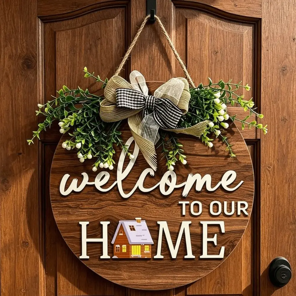 New 2D Flat 2D Round Welcome Sign Retro Style Warm Home Hanging Wooden Board Round Doorplate Front Door Decor