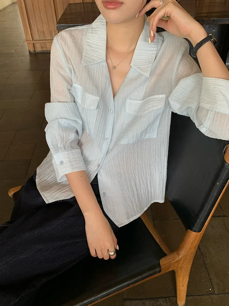

Casual Striped Dual Pocket Sunscreen Shirt For Women Long Sleeves Summer Blouse