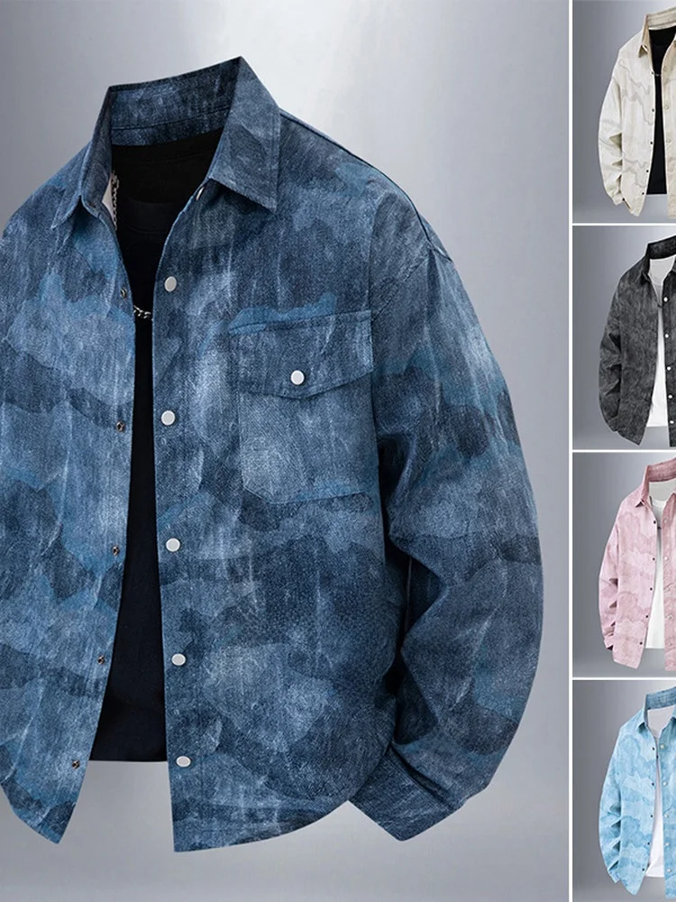 

Spring Autumn Men's Casual Camouflage Shirt Tie Dye Long Sleeve Jacket American Retro Style Polyester Fiber Wearing Resistant