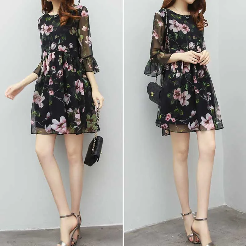 Elegant Printed Spliced Butterfly Sleeve Chiffon Floral Dress Women Clothing Spring Summer New Loose Office Lady Mini Dress