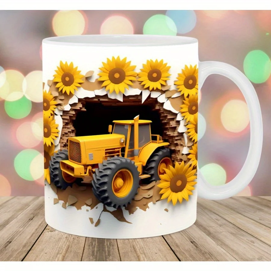 

1pc 3D Tractor Hole In A Wall 11oz Mug, Sunflowers Mug, Valentine'S Day gift mugs, couple mugs, kitchen drinkware Ideal Gift for