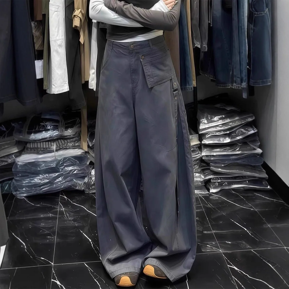 American Retro Wide-Leg Women With An Irregular Curved Design, Versatile And Simple Casual Pants For Commuting