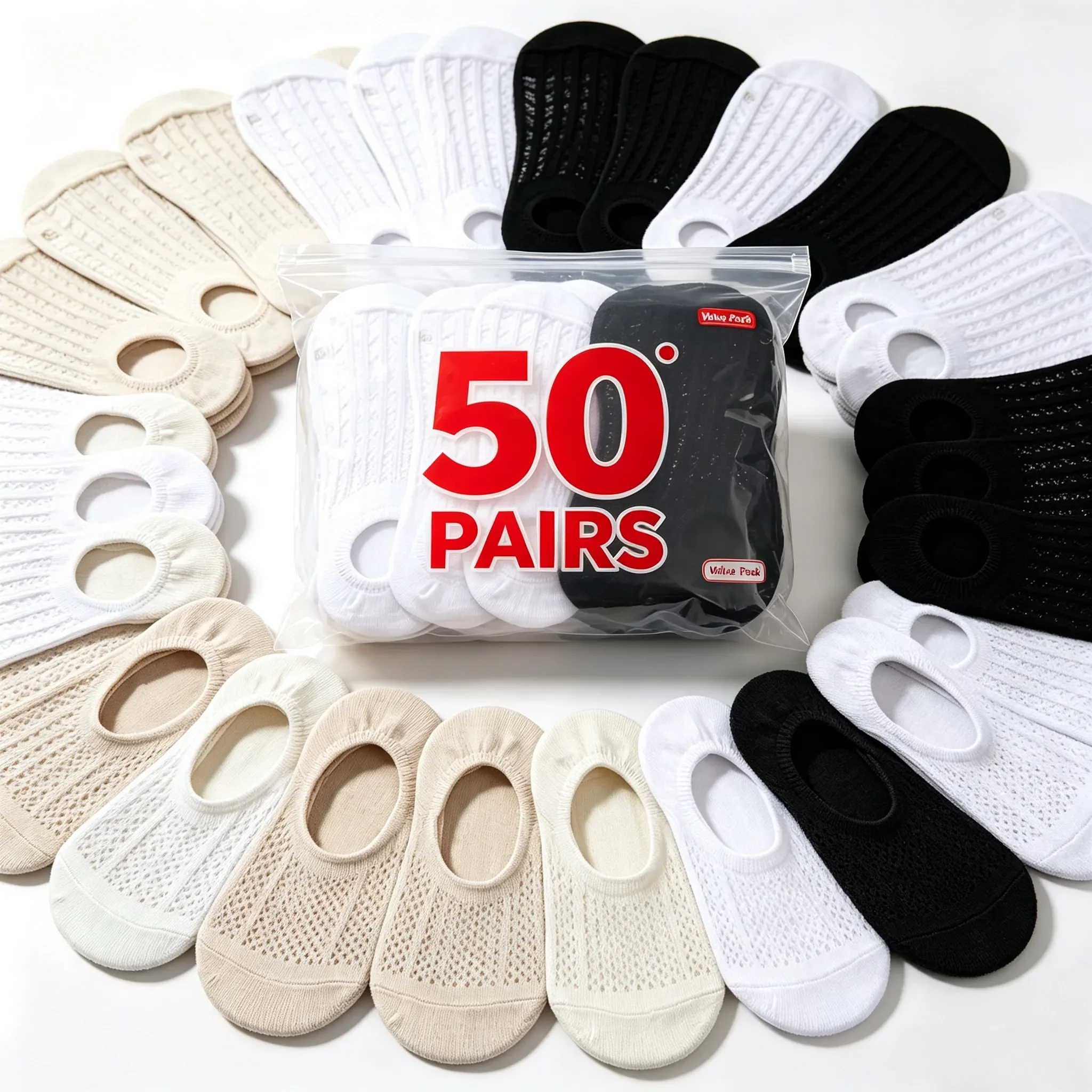 50 pairs of men's and women's boat socks, light-mouth invisible socks, breathable soft socks, non-slip casual sports thin socks, multi-colored random socks, suitable for daily wear
