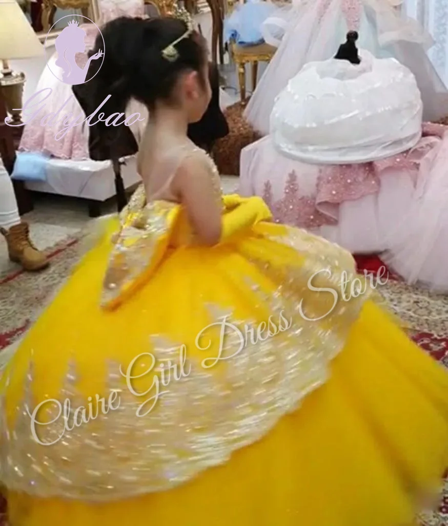 Vestidos de flores hinchados personalizados para niña, apliques de boda con lazo, sin mangas, Princesa, fiesta de cumpleaños, primera comunión