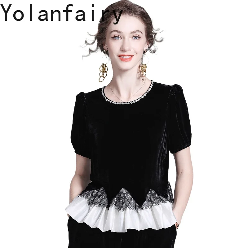 YOLANFAIRY Quality Real Mulberry Silk Velvet Blouse for Woman Elegant Spliced Lace T Shirts Female Ladies Tops Blouses Tee Shirt