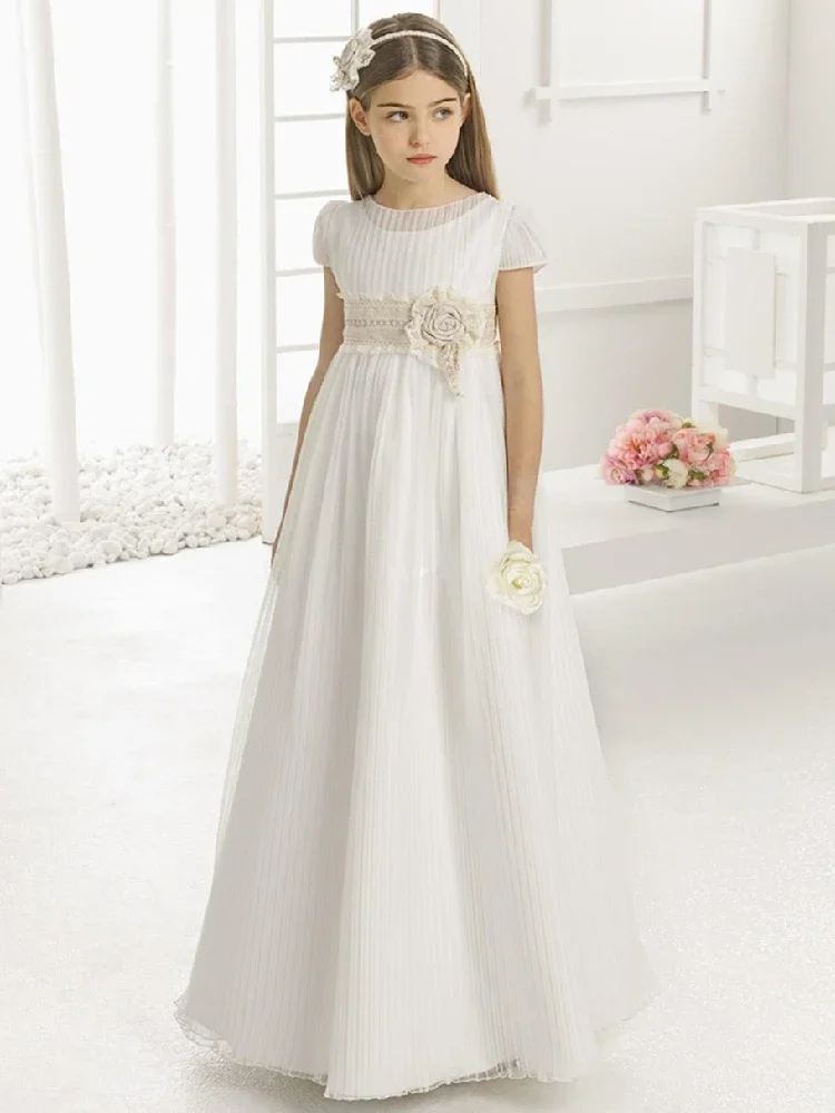 Vintage Flower Girl Dresses for Wedding Empire Waist Short Sleeve Tulle Crew Lace Sash Children First Communion Gowns