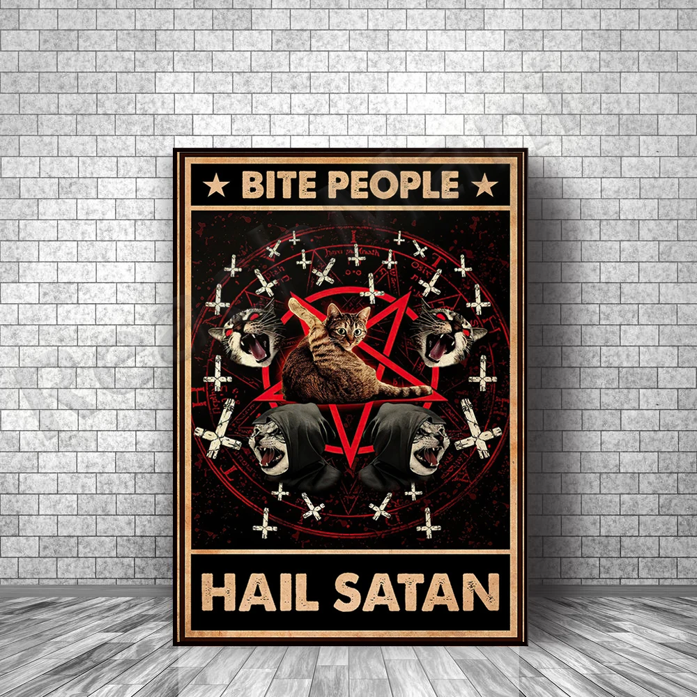 cat bite hail satan canvas poster, funny cat satan poster, funny cat gift, funny gothic cat poster cat behavior print