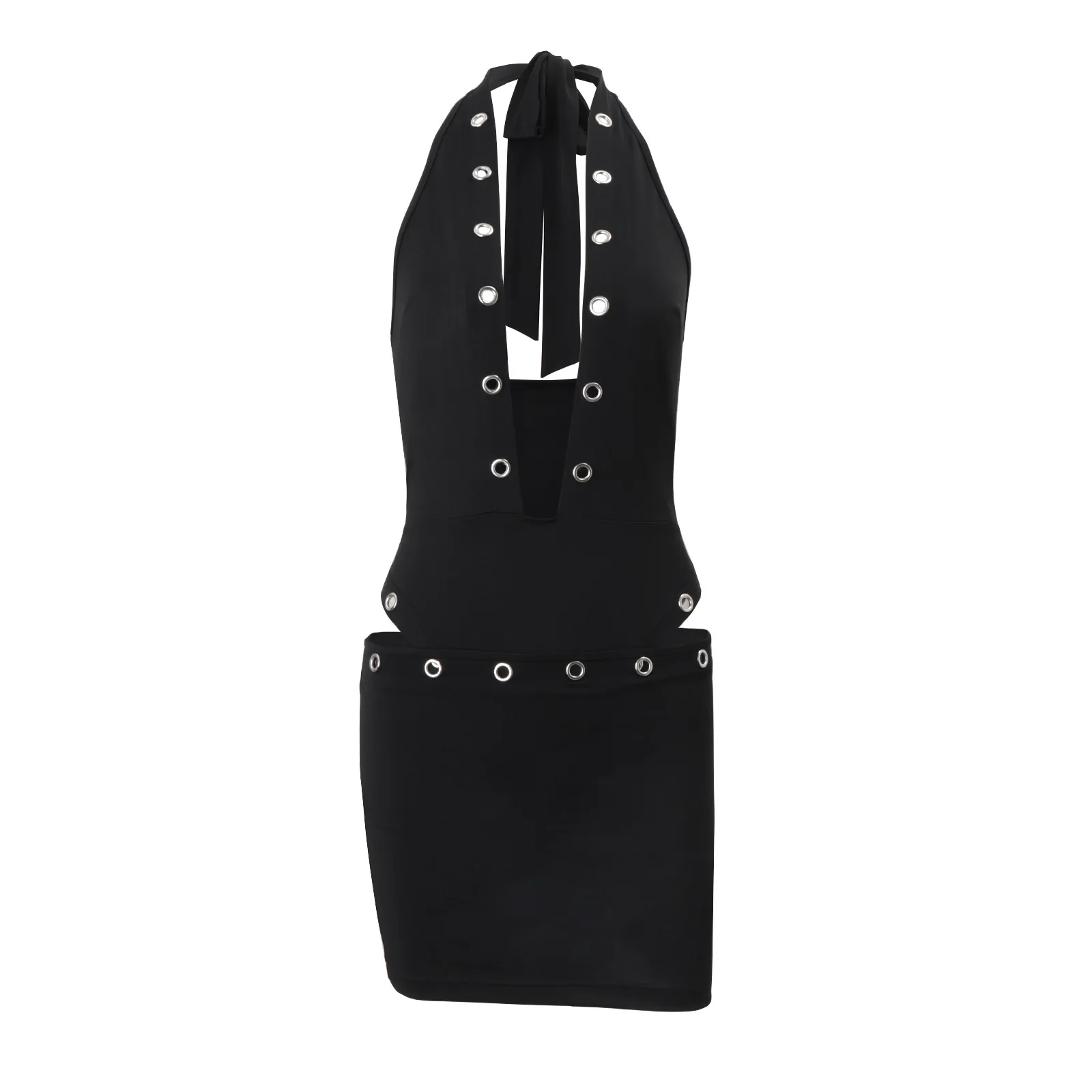 

Alluring Deep V Neckline with Edgy Eyelet Cut Out Detail and Sleek Halter Top Paired with Form Fitting Bodycon Mini Skirt Set