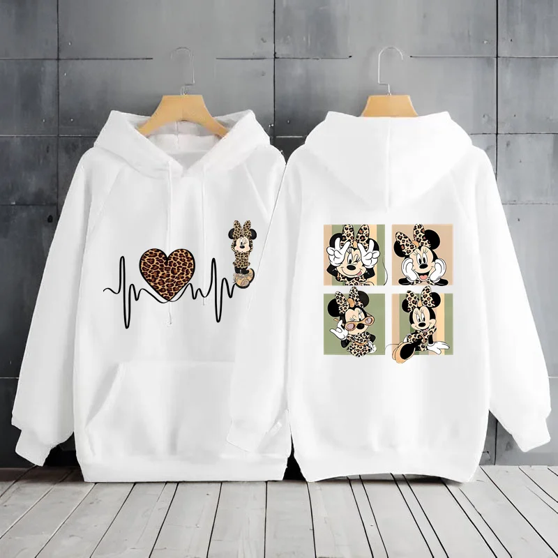 Disney Minnie Mouse Leopard Heartbeat Hoodie Y2k Clothes Long Sleeve Women\'s Sweatshirts Hooded Shirt Women\'s Sweater Hoodie