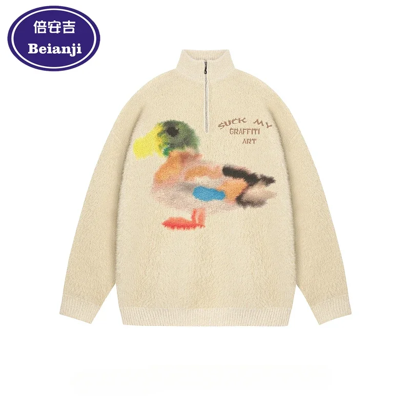 Beinji men's sweater Vintage Color hand-painted duck Half zipper Fashion May Khaki loose half turtleneck sweater