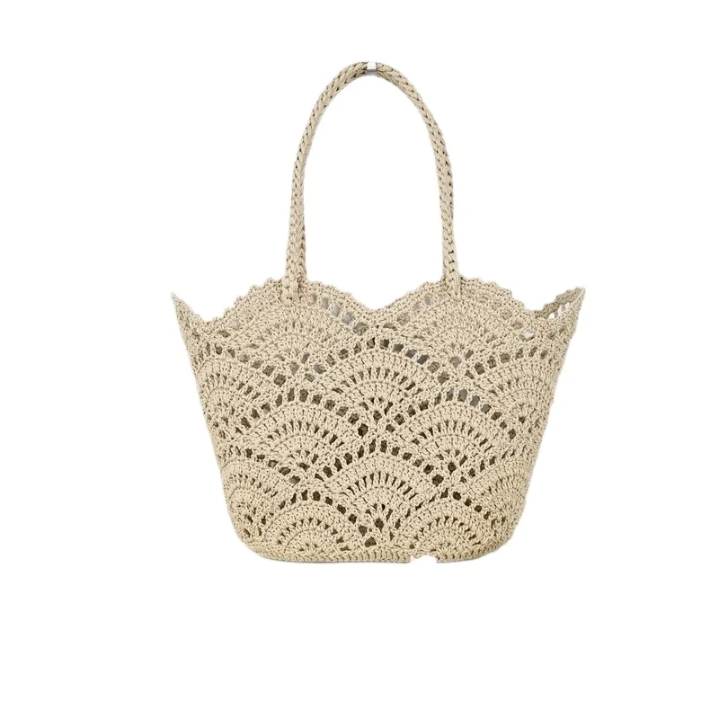 Handmade Crochet Tote Bag for Women Bohemian Cotton Woven Beach Handbag Casual Shoulder Basket Purse