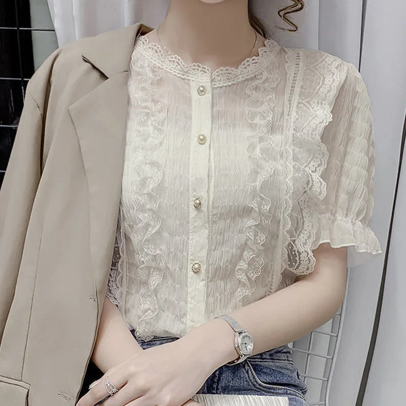 Solid Color Ladies Lace Hollow Out Blouses Short Sleeve Tops Summer Office Lady Interior Lapping 2024 New White Women\'s Clothing