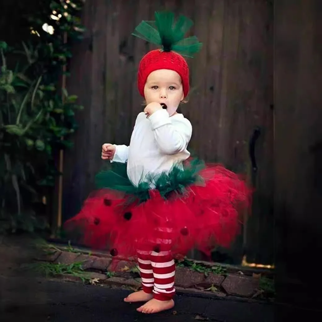 Toddler Strawberry Print Tutu Skirt With Hat Cute Baby For Girls Half Dress Birthday Festival Party Daily Casual Princess Outfit