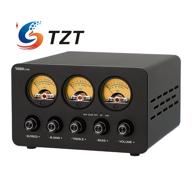 

TZT D185 2.1 Channel Digital Power Amplifier Bluetooth5.4 Audio Amplifier ES9038Q2M Decoding with Three VU Meter