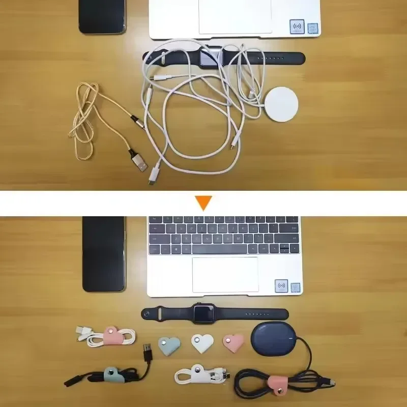 Multifunctional PU Leather Phone Data Cable Organizer Data Storage Heart-shaped Cable Clip Hub Wired Headphone Winding Clip gallery 3