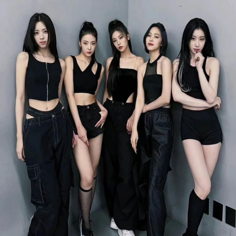 New Kpop Women Group Crop Top Outfit Off Shoulder Slim Vest Dancer Outfit Black Jazz Dancewear Ladies Sexy Nightclub Rave Wear